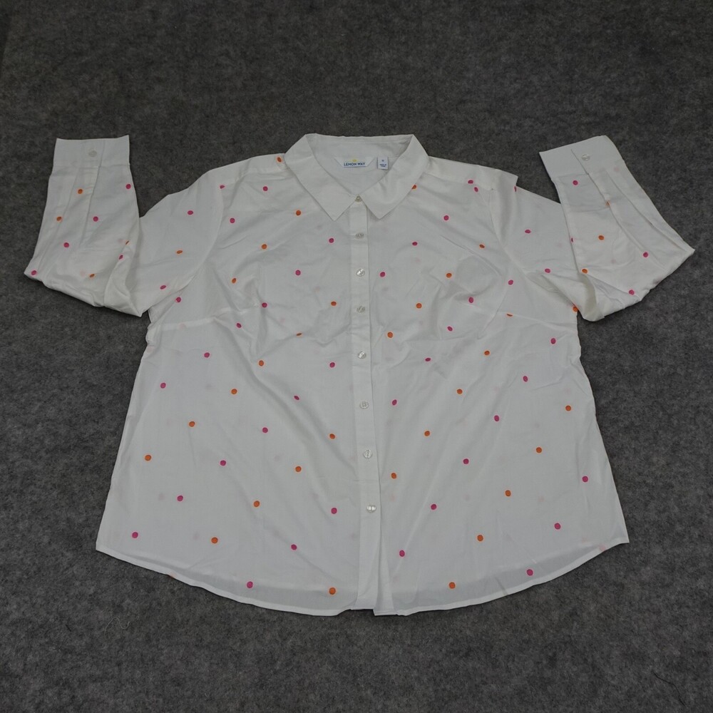 Lemon Way Shirt 1X Womens Top White Polka Dot Novelty Button Up Pink Collared